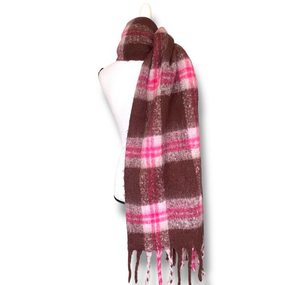 Anthropology Fringe Trim Blanket Scarf Brown Pink Plaid 100% Recycled Polyester - Picture 3 of 9